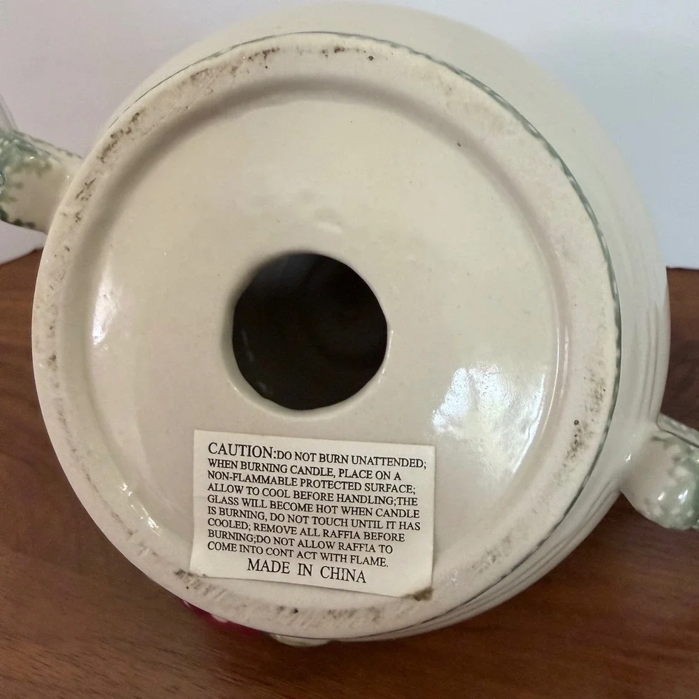 Ceramic Apple Taper Candle Holder Double Handle Farmhouse Green Cream Cottage